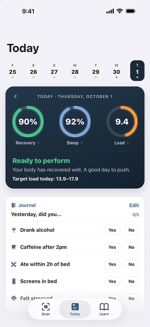 The Today screen with recovery, sleep and load scores