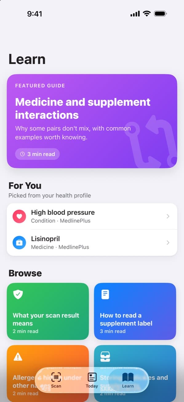 The Learn tab with guides